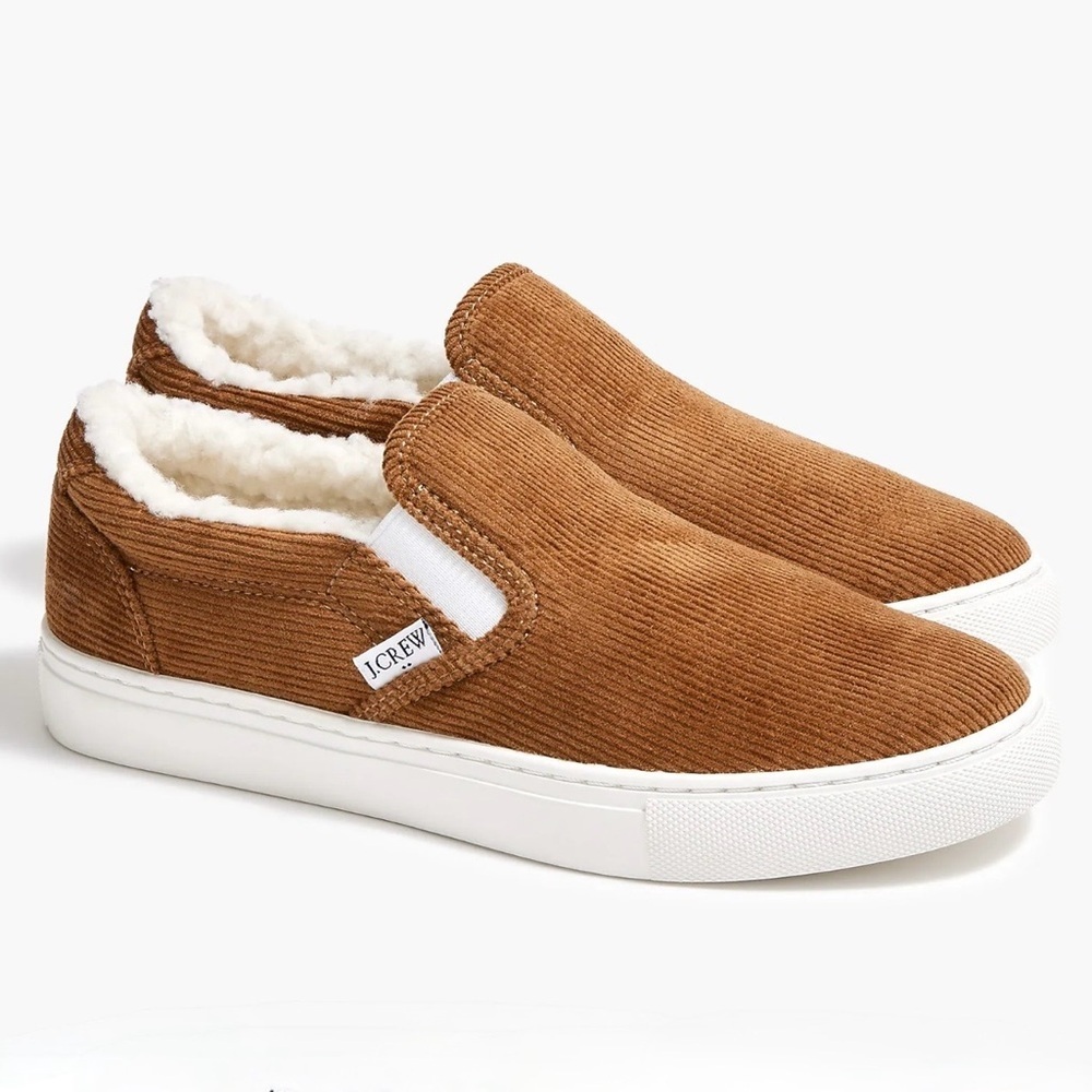 New J. Crew Corduroy Slip-on Tan Sneakers Shoes Sherpa Lining Women Warm Sz 6.5